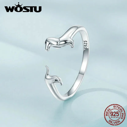 WOSTU Real 925 Sterling Silver Cute Dachshund Dog Adjustable Rings for Women Original Open Animal Ring Fine Family Jewelry Gift