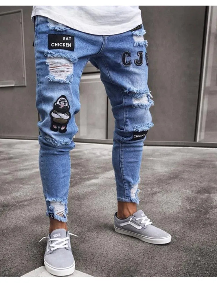 White Embroidery Jeans Men Cotton Stretchy Ripped Skinny Jeans High Quality Hip Hop Black Hole Slim Fit Oversize Denim Pants - MAGNET MARKET