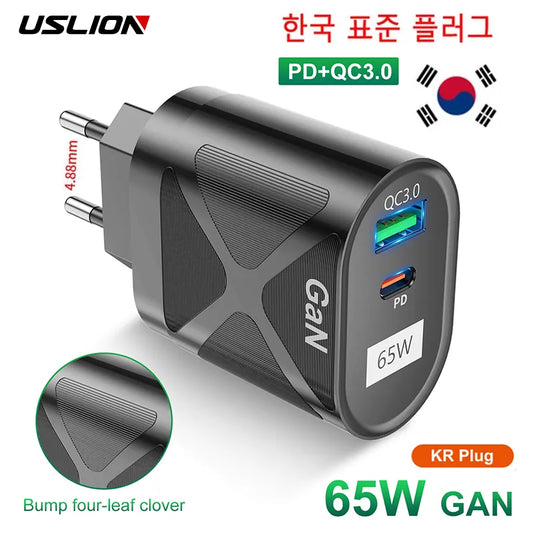 USLION 65W GaN Fast Charger USB Type C Charger PD3.0 USB Charger Cell Phone For iPhone 14 12 13 Pro Max Laptop PD Charger