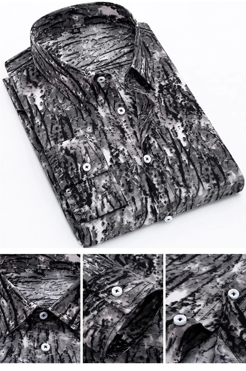 Graphic Print Shirt Men Long Sleeve Male Casual Oversize Shirts Button Up Menswear Vintage Clothes Elegant Men's Shirts