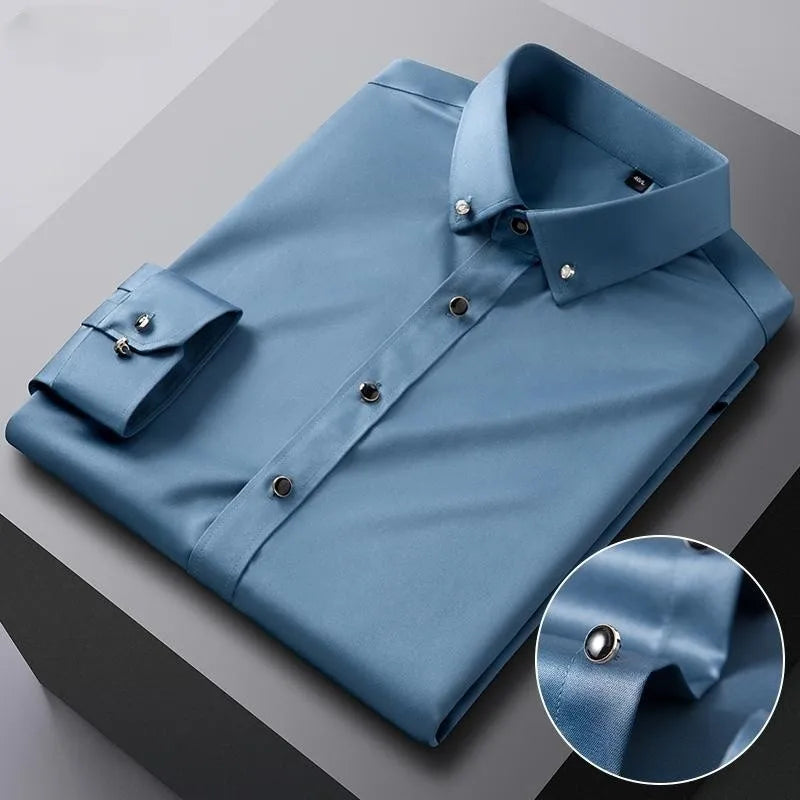 Business Fashion Men's Long Sleeve Shirt Solid Color Casual Micro Stretch Formal Drill Collar High Quality Luxury Men's Clothes