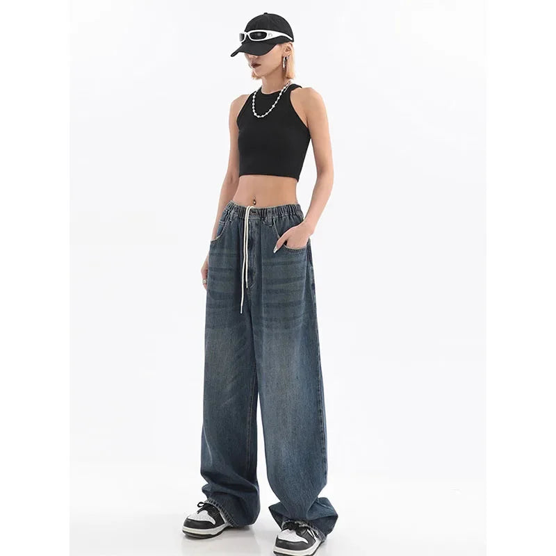 Spring Women Vintage Baggy Jeans Elastic Waist Oversized American Trouser Denim Wide Leg Streetwear Straight Basic Pants Y2k