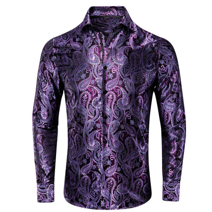 Hi-Tie Long Sleeve Silk Shirts for Men Suit Dress Outwear Male Slim Jacquard Wedding Floral Paisley Gold Blue Red High Quality