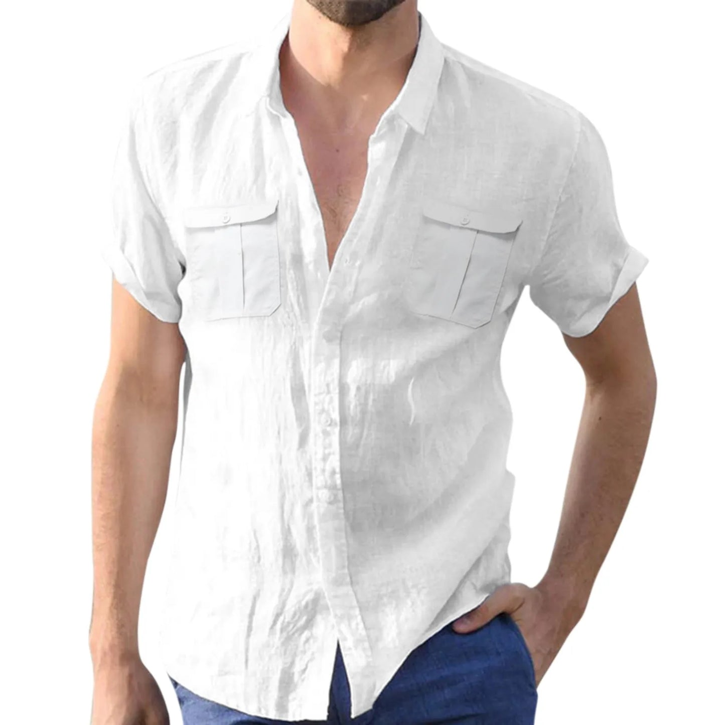 Male Casual Pure White Top Shirt Double Pocket Short Sleeves Elegant Turn-Down Collar Shirt Button Formal Shirt Undershirt Men