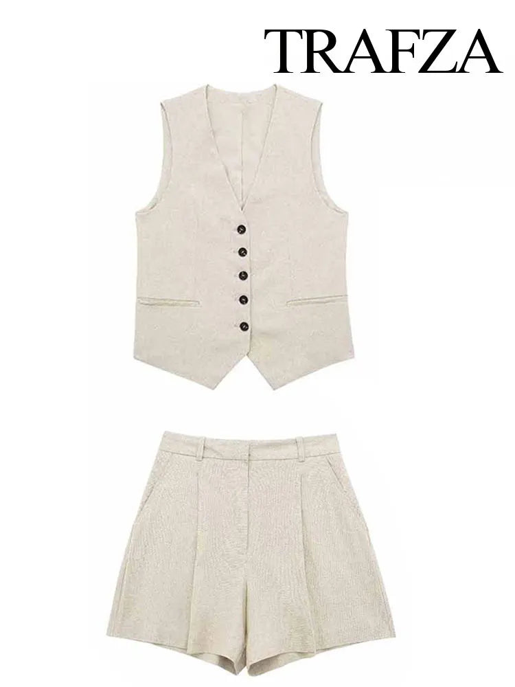 TRAFZA Women Elegant Solid Button Sleeveless Linen Shorts Set Vintage Casual V Neck Chic Vest Set 2023 Women's Office Lady Suit