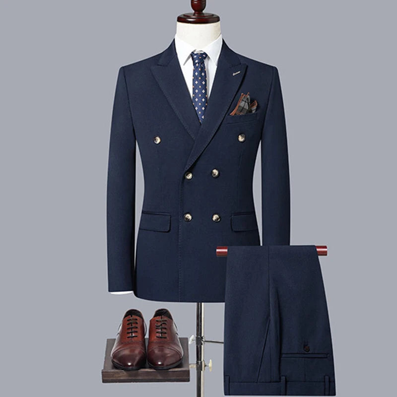 2023 Fashion New Men's Casual Boutique Double Breasted Solid Color Business Suit Jacket Trousers Pants 2 Pcs Set Blazers Coat