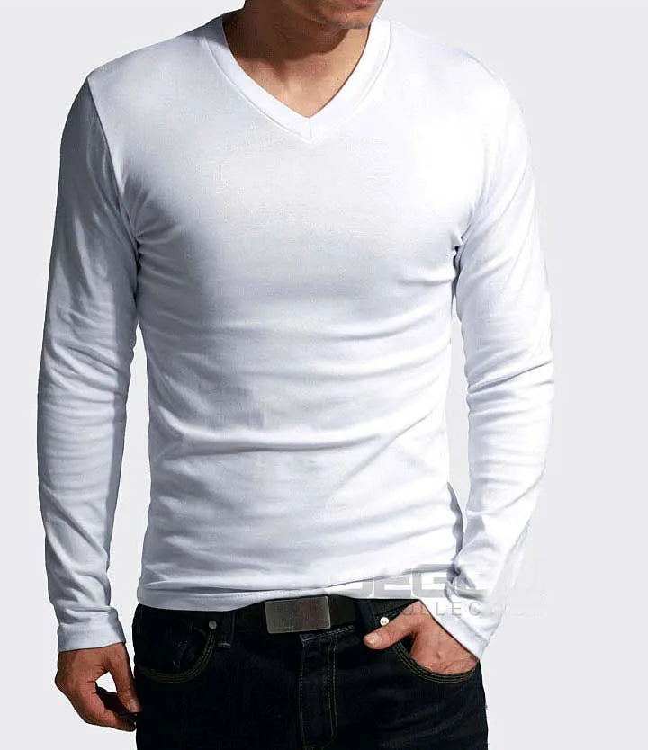 2023 Elastic Mens T-Shirt V-Neck Long Sleeve Men T Shirt For Male T-Shirts Man Clothing TShirt Brand Tees