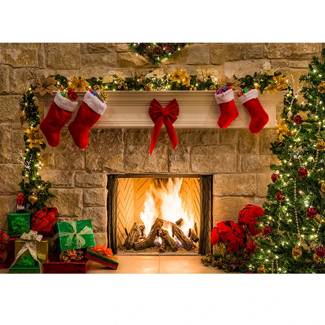 Beenle Merry Christmas Photography Background Tree Gift Window Fireplace Portrait Family Party Decor Backdrop for Photo Studio