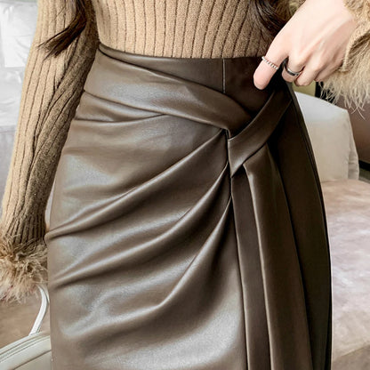 Elegant Skirt Office Lady Fashion Ruched Sashes High Waist PU Leather Midi Skirts Women Casual Autumn Winter Bottom 2024 New