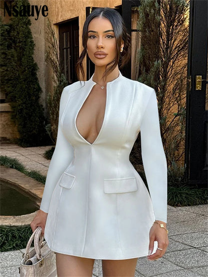 Nsauye Women Sexy Elegant Mini Low Cut Out Party Evening Clubwear Blazer Dress Long Sleeve 2024 Fashion Holiday Dress Bodycon