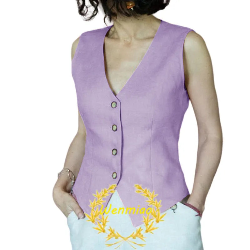 Women's Suit Vest V Neck 4 Button Sleeveless Jacket Fashion Summer Waistcoat Lady Fashion Vests