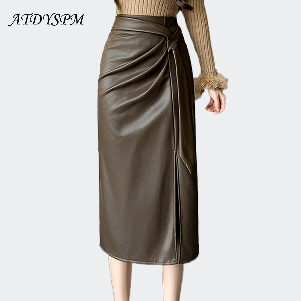 Elegant Skirt Office Lady Fashion Ruched Sashes High Waist PU Leather Midi Skirts Women Casual Autumn Winter Bottom 2024 New