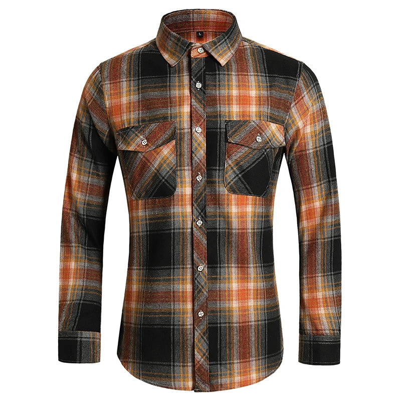 Plaid Shirt Autumn Men Long Sleeve Vinatge Orange Double Pocket Camisas Social Business Button Shirts Mens Elegant Streetwear