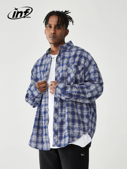 INFLATION Brushed Check Shirts Men Blue Plaid Long Sleeve Oversized Shirts Male Plus Size