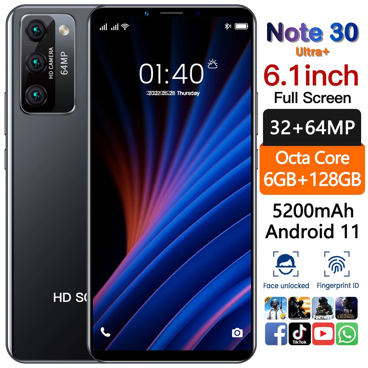 Global Version Original HTM Note30 Ultra Mobile Phones Low Price 128G 5200mAh Global Rom Cellphones Unlock Android 11 Smartphone