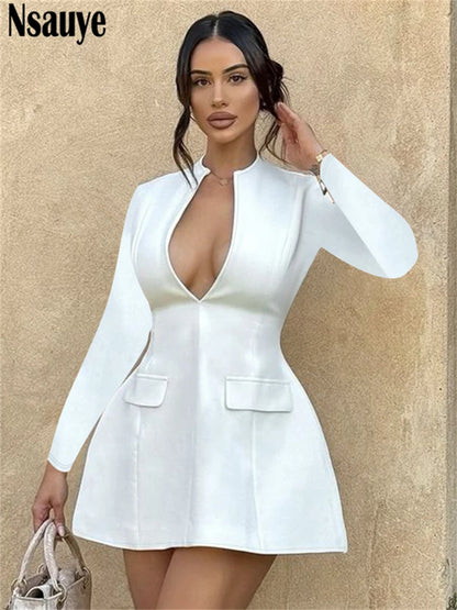 Nsauye Women Sexy Elegant Mini Low Cut Out Party Evening Clubwear Blazer Dress Long Sleeve 2024 Fashion Holiday Dress Bodycon