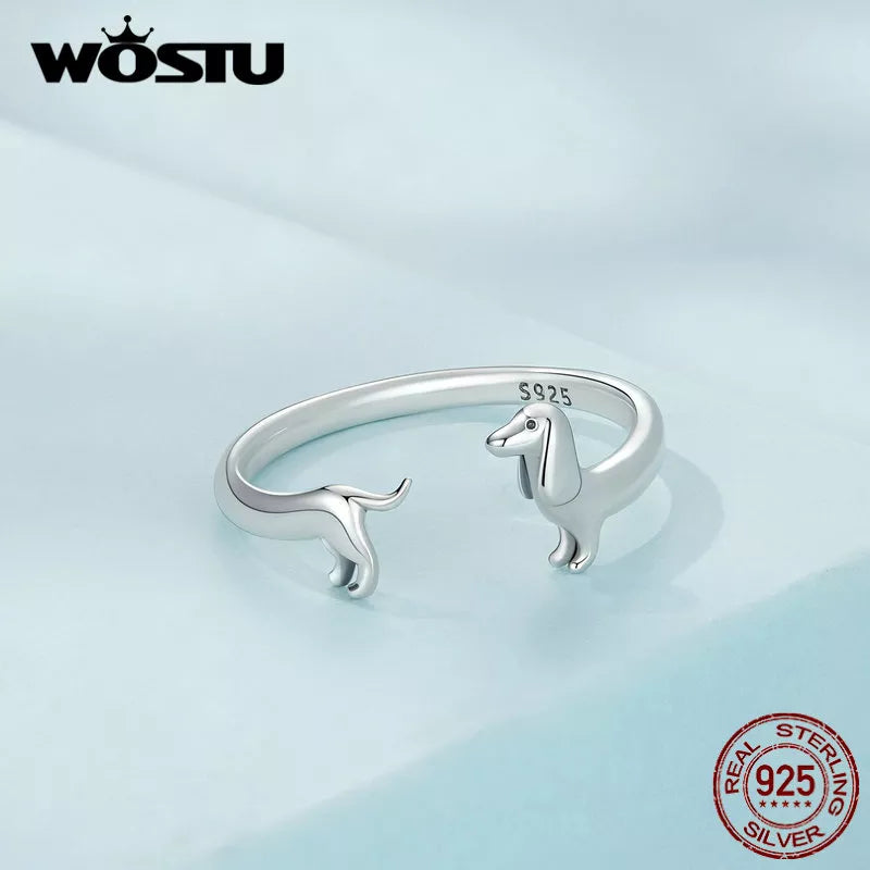 WOSTU Real 925 Sterling Silver Cute Dachshund Dog Adjustable Rings for Women Original Open Animal Ring Fine Family Jewelry Gift