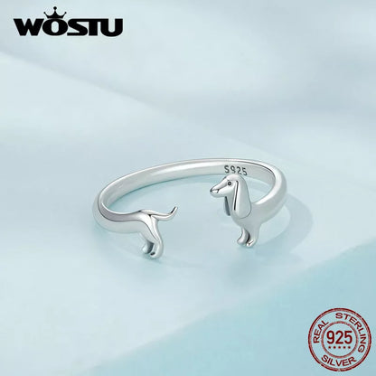 WOSTU Real 925 Sterling Silver Cute Dachshund Dog Adjustable Rings for Women Original Open Animal Ring Fine Family Jewelry Gift