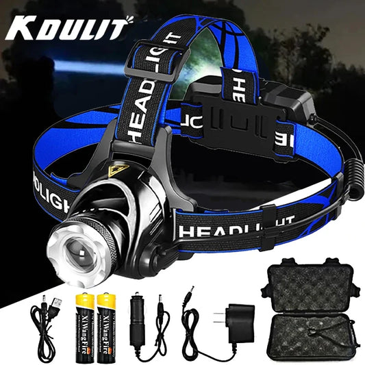 KDULIT Zoom Led Headlamp Super Bright T6 Lamp Headlight Lantern 4 Mode Waterproof Torch Head 18650 Rechargeable Battery