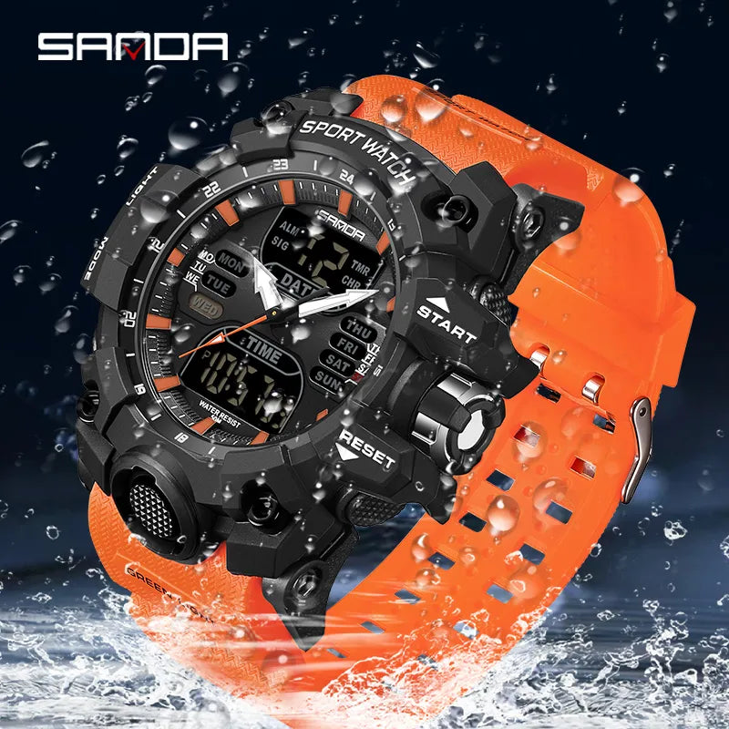 SANDA Dual Display Men Watches Waterproof Sports Watch Military Man Alarm Stopwatch Quartz Wristwatch Male Digital Clock 6126