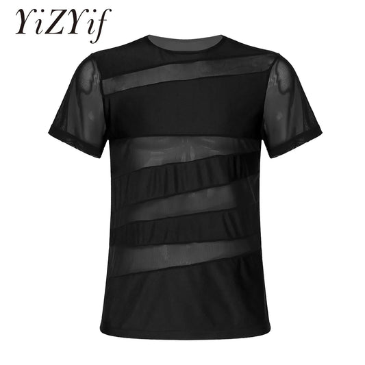 YiZYiF Sexy Mens Mesh Clubwear T Shirts Super Soft Mesh Undershirt See-Through Breathable Men T-Shirt Sexy Tops Dance Wear