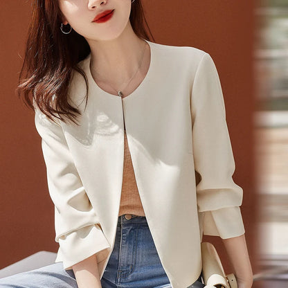 Women Fashion Blazer Korean Simple O Neck Coat Fall Office Lady Elegant Suit Thin Solid Classic Casual Long Sleeve Outerwear