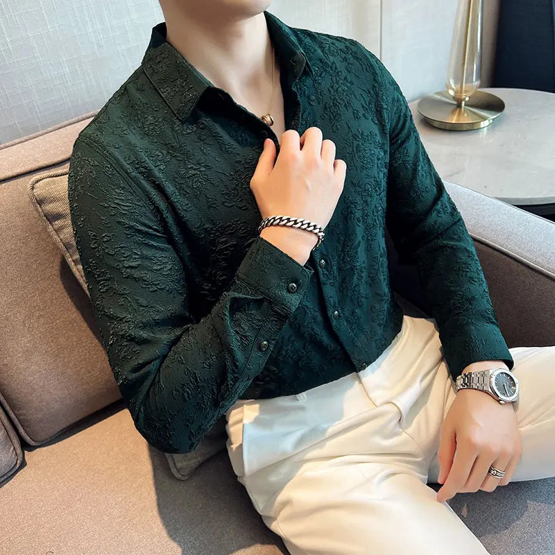 Luxury Vintage Jacquard Shirt 2023 Spring Long Sleeve Slim Fit Casual Tuxedo Fashion Man Wedding social Shirts Plus Size 4XL-M