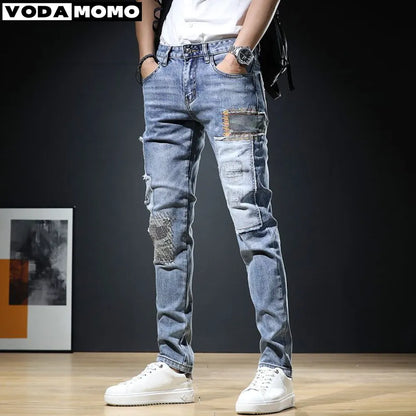 2023 Men Stylish Ripped Jeans Pants Slim Straight Frayed Denim Clothes Men New Fashion Skinny Trousers Clothes Pantalones Hombre