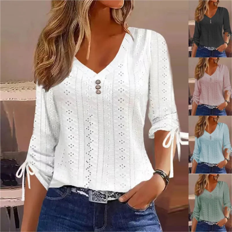 2023 Autumn/Winter Women's Fashion White Jacquard Button Long Sleeve T-shirt Elegant Women's V-neck Lace Loose Casual Top S-3XL