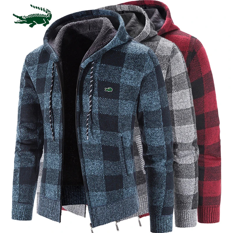 2023 Men Sweater Jacket Fashion Winter Coat Fleece Hoodies High Quality Luxury Checkered Hooded Knit Cardigan Male Outer Wear