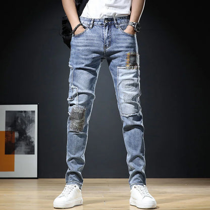 2023 Men Stylish Ripped Jeans Pants Slim Straight Frayed Denim Clothes Men New Fashion Skinny Trousers Clothes Pantalones Hombre