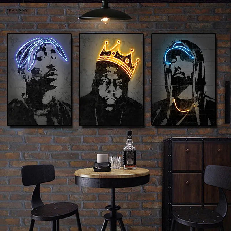 Abstract Neon Design Rapper Star Posters 2Pac Hip Hop Singers Wall Art Pictures Graffiti Canvas Painting Home Room Bar Decor