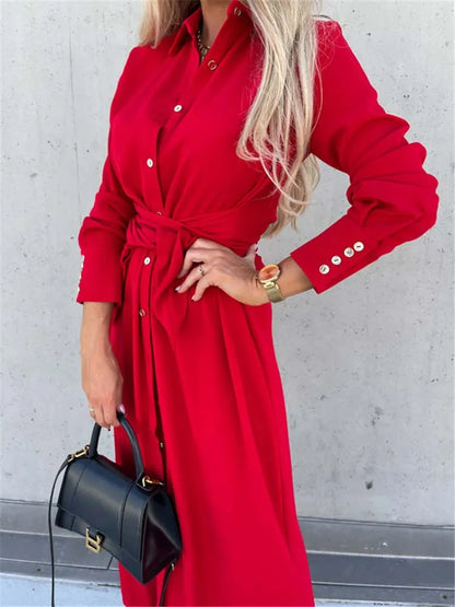 S~3XL Solid Long Sleeve Shirt Dress Women Lace up Single Breasted Beach Maxi Party Dresses Turn-down Collar Split Sash Vestidos