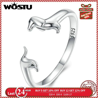 WOSTU Real 925 Sterling Silver Cute Dachshund Dog Adjustable Rings for Women Original Open Animal Ring Fine Family Jewelry Gift