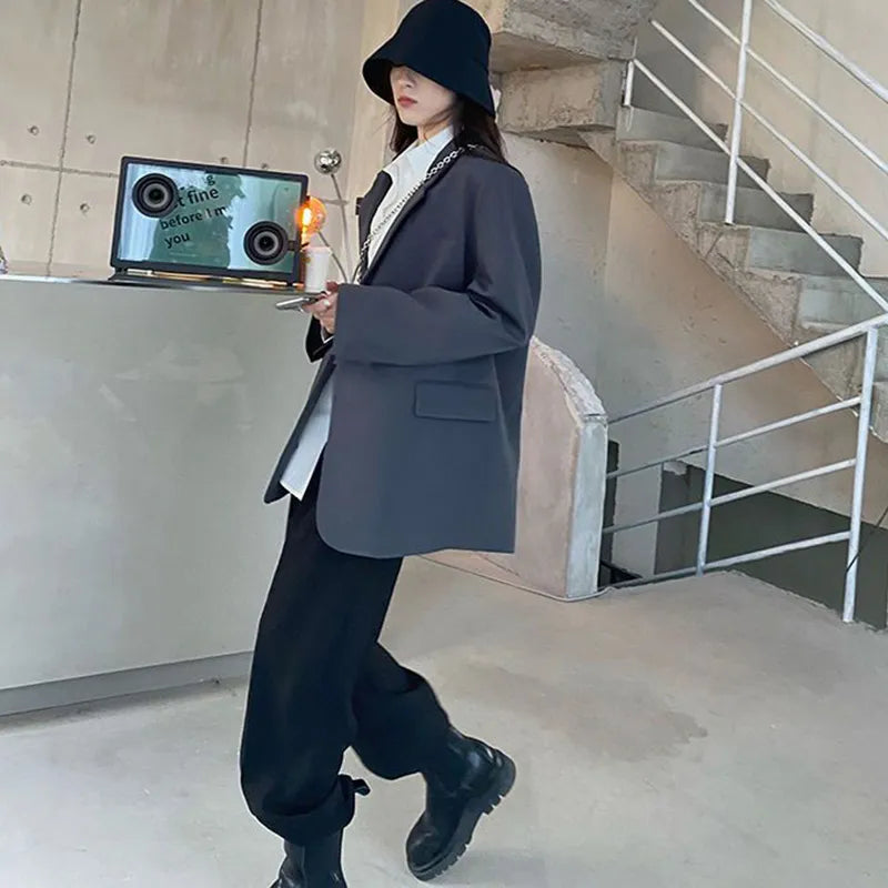 Lcuyever Korean Style Gray Blazer for Women Spring Autumn Long Sleeve Loose Suit Coat Woman Single Breasted Chic Jackert Female