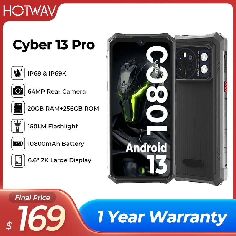 HOTWAV Cyber 13 Pro Rugged Smartphones Global Version 150LM Flashlight 20GB+256GB 6.6'' 2K Mobile Phone 10800mAh 64MP Cellphones