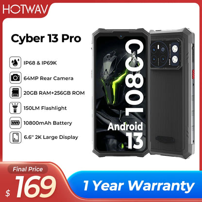 HOTWAV Cyber 13 Pro Rugged Smartphones Global Version 150LM Flashlight 20GB+256GB 6.6'' 2K Mobile Phone 10800mAh 64MP Cellphones