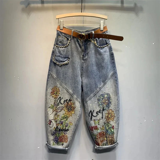 European 2023 Spring Summer New Ladies Printed Diamond Denim Harem Pants Women's Fashion Streetwear Elastic Waist Daddy Jeans