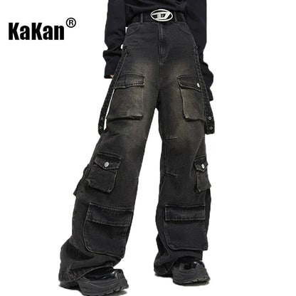 Kakan - American New High Street Multi Pocket Vintage Jeans Men's Wear, Personalized Wide Leg Pants Loose Jeans K27 - MAGNET MARKET