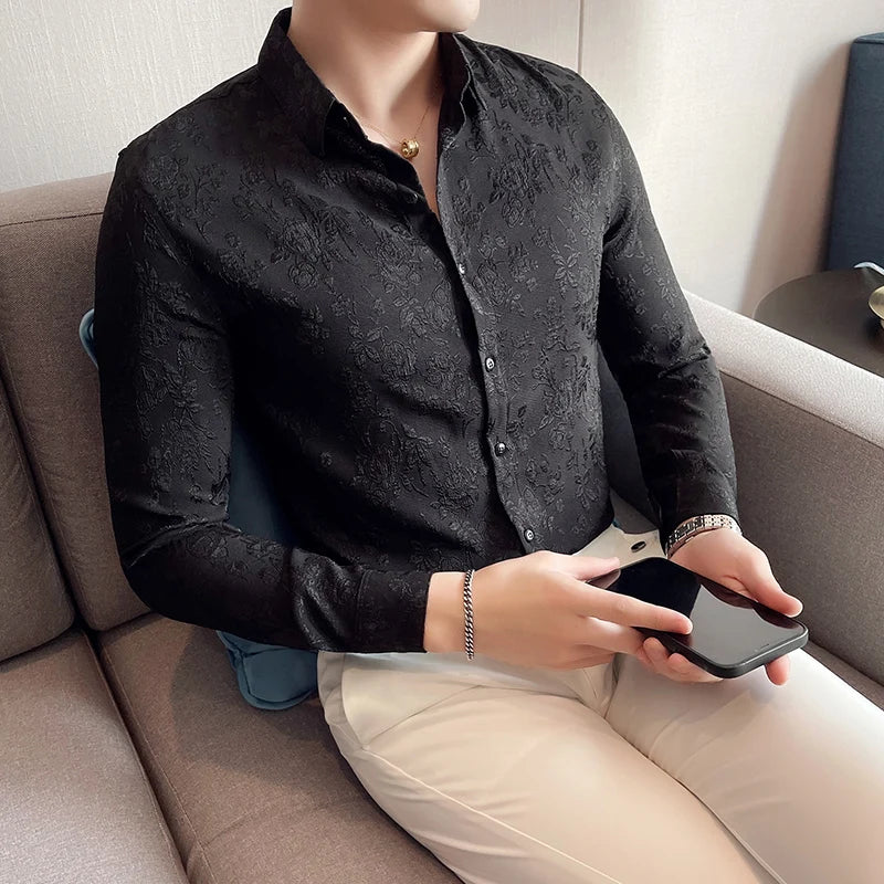 Luxury Vintage Jacquard Shirt 2023 Spring Long Sleeve Slim Fit Casual Tuxedo Fashion Man Wedding social Shirts Plus Size 4XL-M