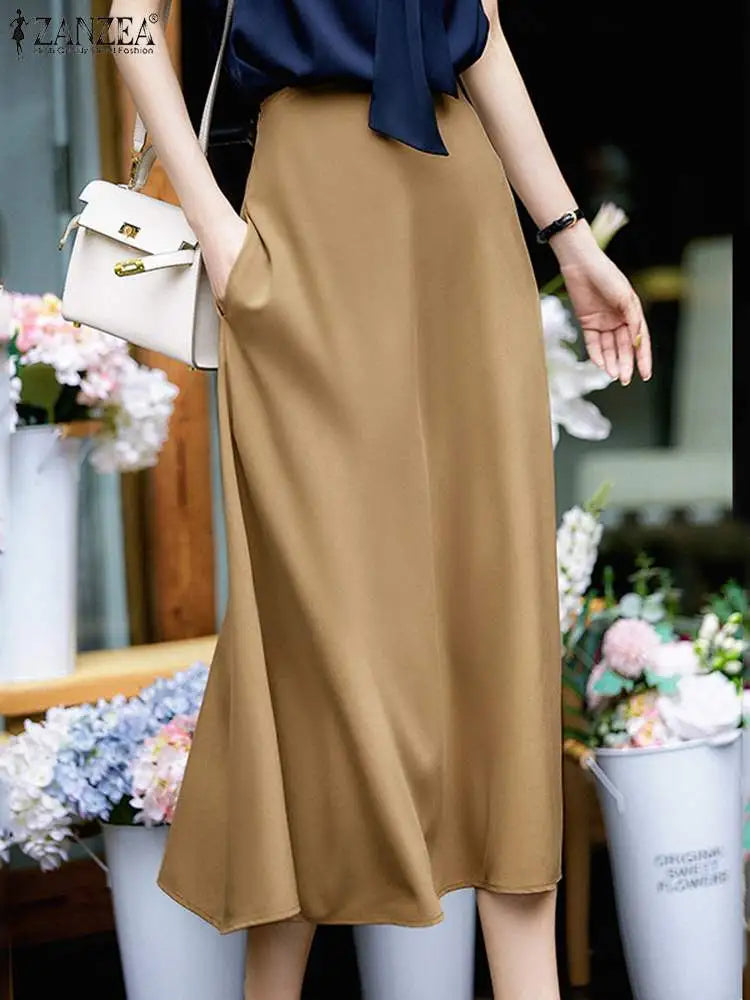 ZANZEA 2023 Fashion Autumn High Waist Skirt Elegant Women Office Lady Satin A-line Midi Skirts Summer Solid Faldas Saia Jupe