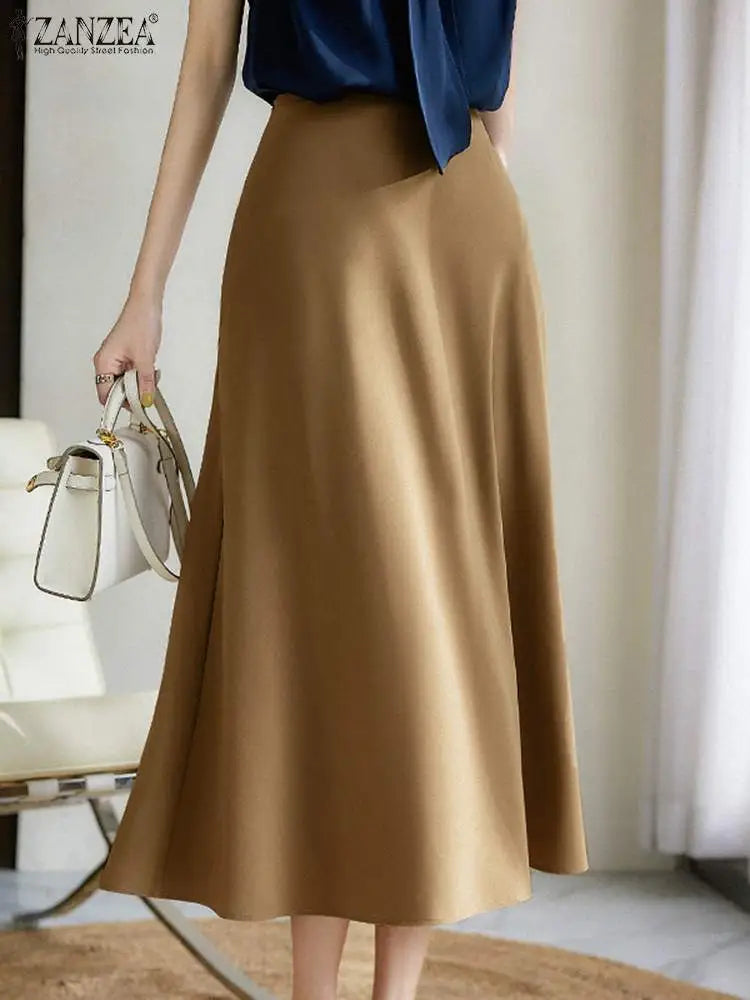 ZANZEA 2023 Fashion Autumn High Waist Skirt Elegant Women Office Lady Satin A-line Midi Skirts Summer Solid Faldas Saia Jupe