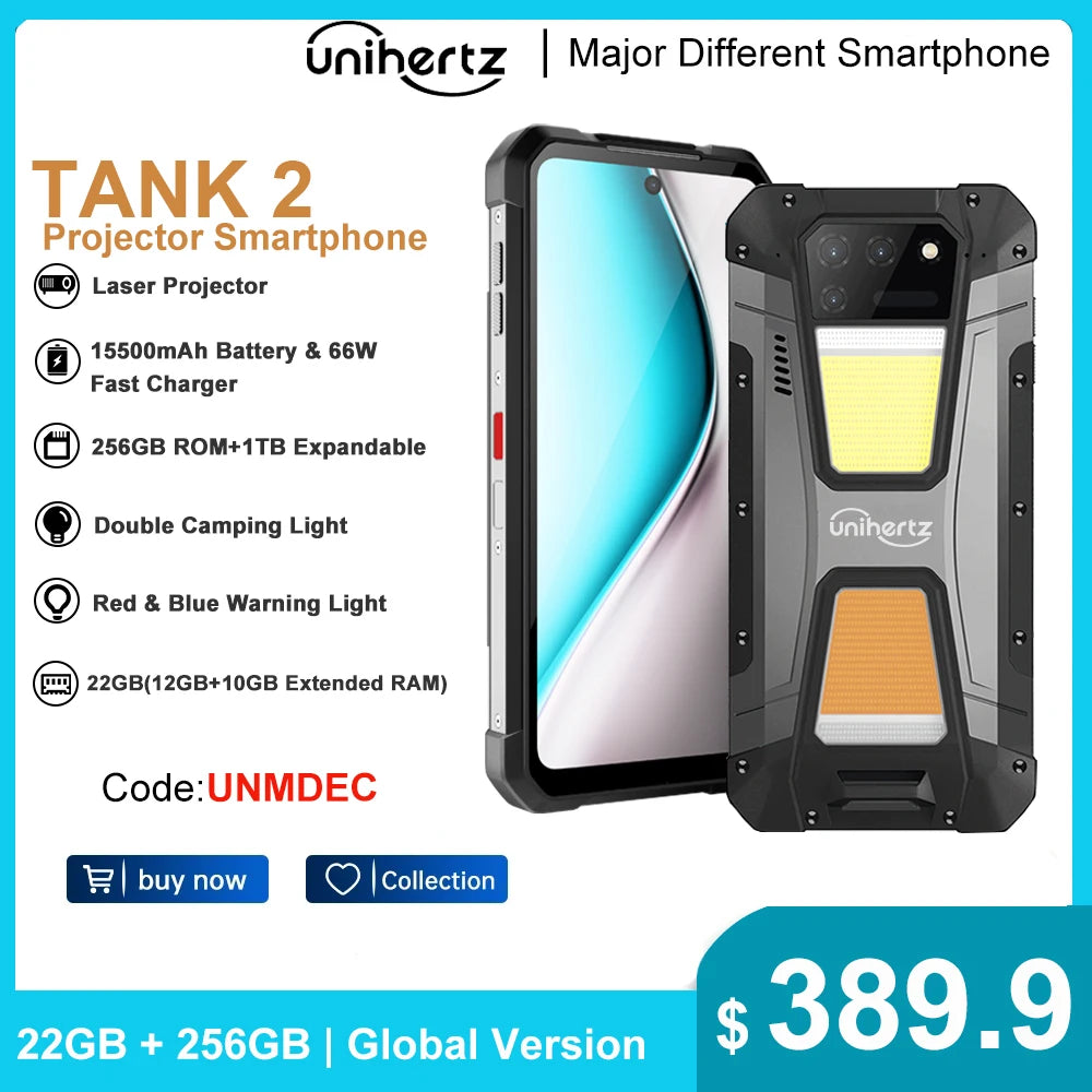 Unihertz 8849 tank 2 projector powered smartphone 22GB 256GB camping light cellphones 108mp G99 64MP night vision mobile phones