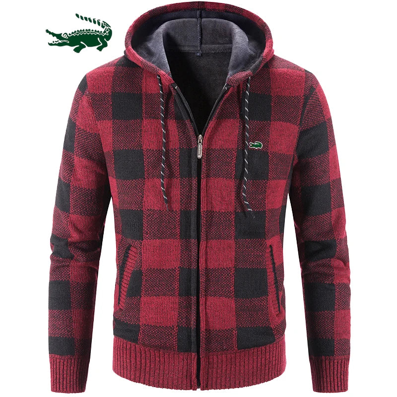 2023 Men Sweater Jacket Fashion Winter Coat Fleece Hoodies High Quality Luxury Checkered Hooded Knit Cardigan Male Outer Wear