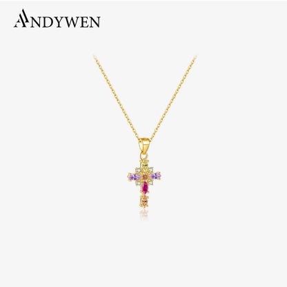 ANDYWEN 925 Sterling Silver Gold Rainbow CZ Ovals Cross Pendant Long Chain Necklace 2021 Fine Jewelry Crystal Luxury Accessorie