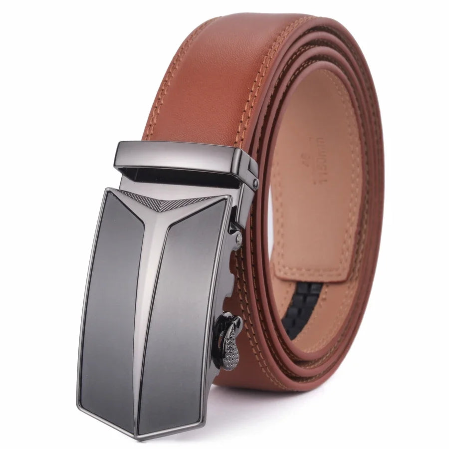 Plyesxale Classic Business Office Light Brown Leather Belts For Men 2024 Luxury Designer Automatic Buckle Formal Strap Male B108