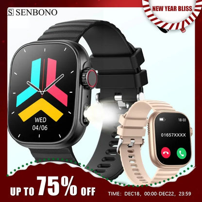 SENBONO Smart Watch Men Women LED Flashlight 100+ Sport Modes Fitness Tracker Body Temperature 2.01” Screen Smartwatch Men Women