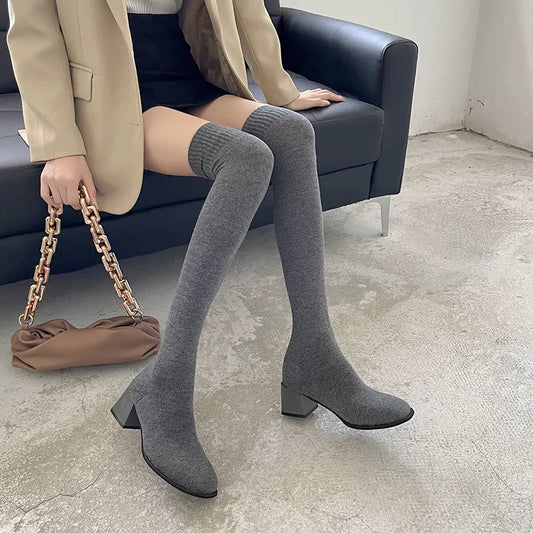 Thigh High Boots Shoes Sock Women's Over-the-knee Elegant Woman Sexy Tights Chunky Heels 2022 Autumn Winter Knitting Long boot