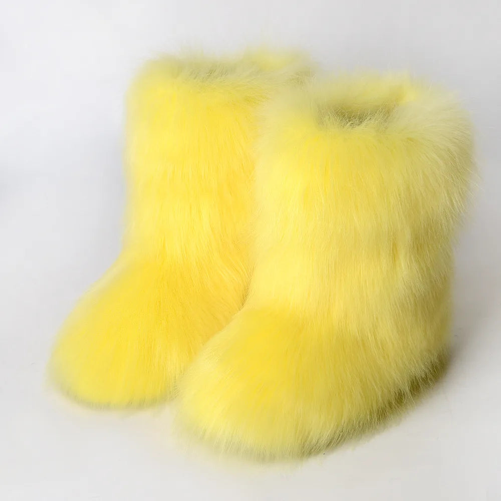 Winter Fuzzy Boots Women Furry Shoes Fluffy Fur Snow Boots Plush lining Slip-on Rubber Flat Outdoor Bowtie Warm Ladies Footwear