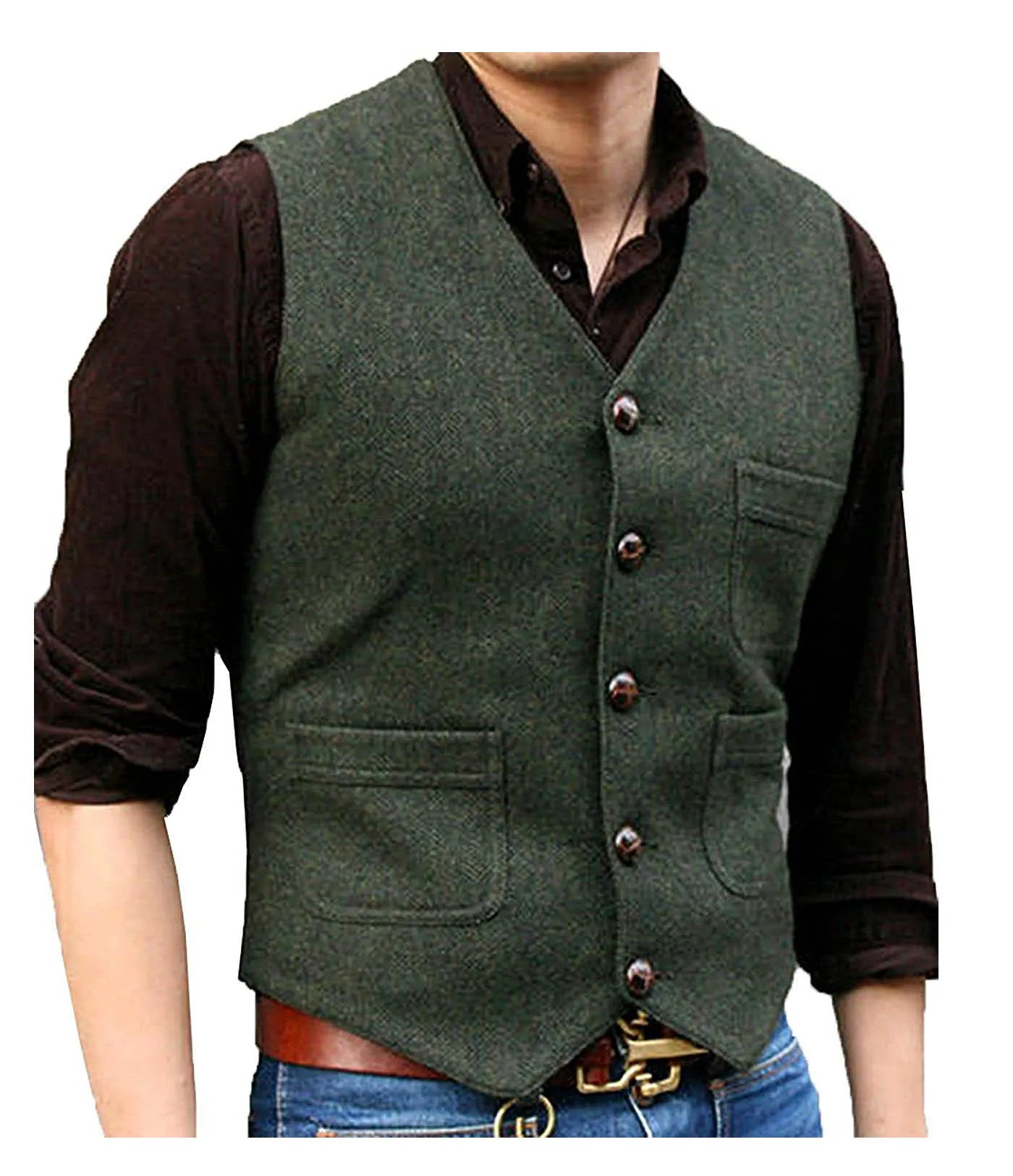 Men's Suit Formal V Neck Wool Herringbone Tweed Casual Waistcoat Formal Business Vest Groomman For Wedding Green/Black/Brown - MAGNET MARKET